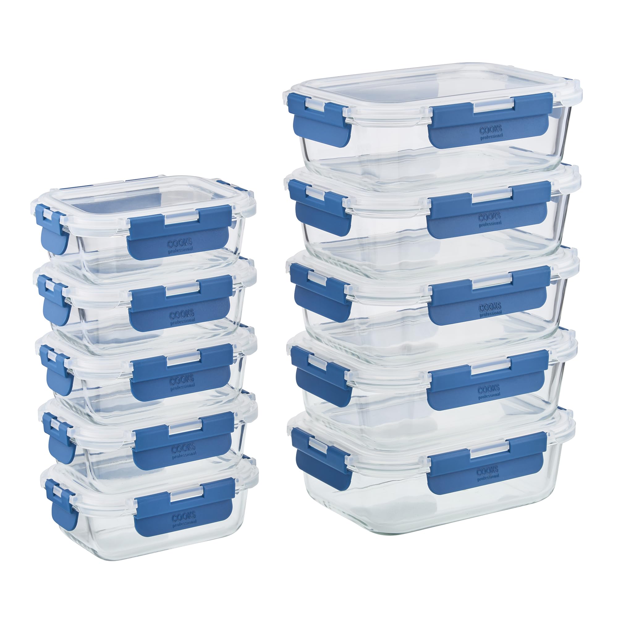 Cooks Professional Set di 10 barattoli in vetro per alimenti con coperchi ermetici in plastica, 10 pezzi, adatti per frigorifero, congelatore, forno e microonde, per conservare pasti e ingredienti, 5