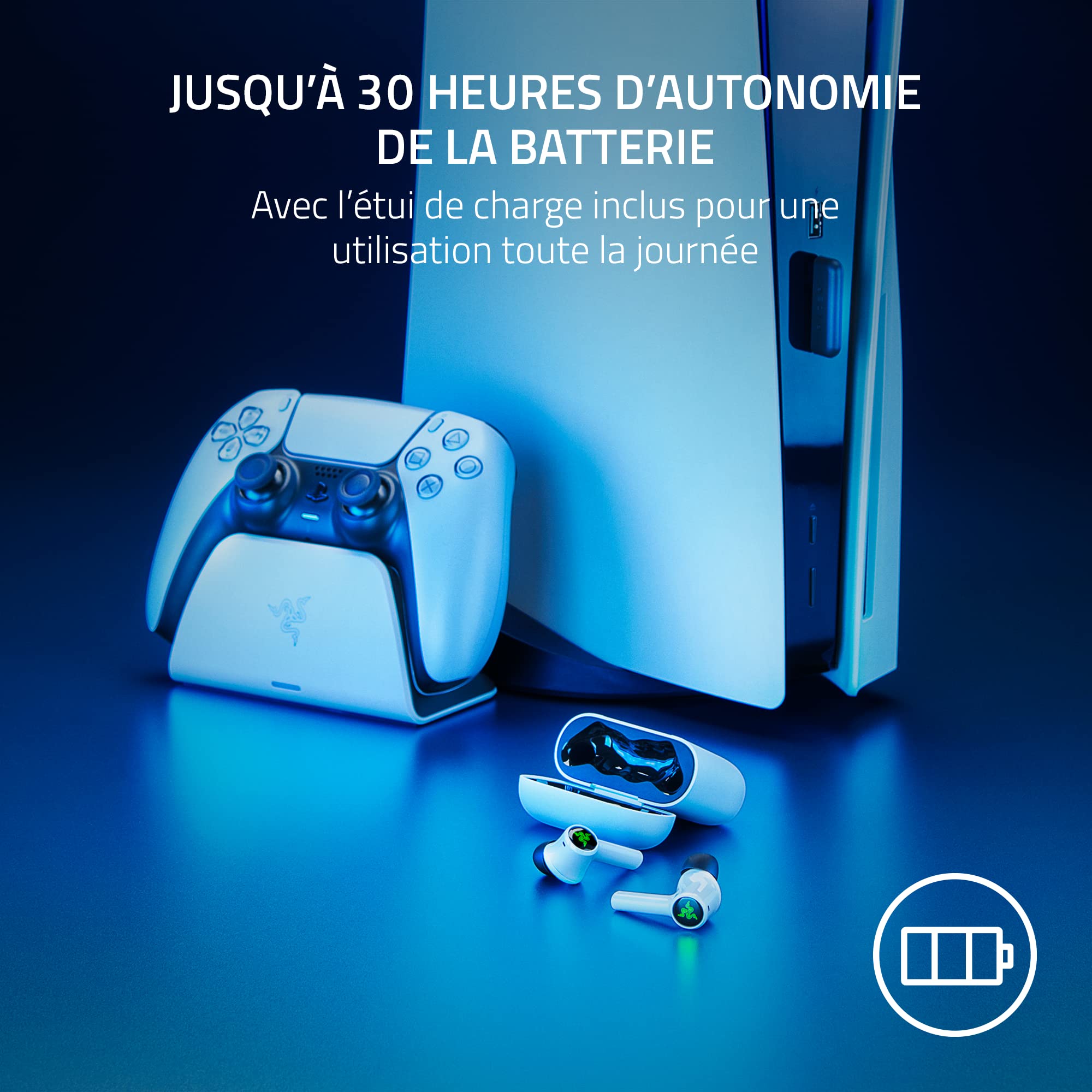 Razer Hammerhead HyperSpeed - Écouteurs Gaming sans Fil Multiplateforme pour PlayStation (Sans Fil HyperSpeed, Réduction Active du Bruit, Bluetooth 5.2, Jusqu'à 30H de batterie) Blanc