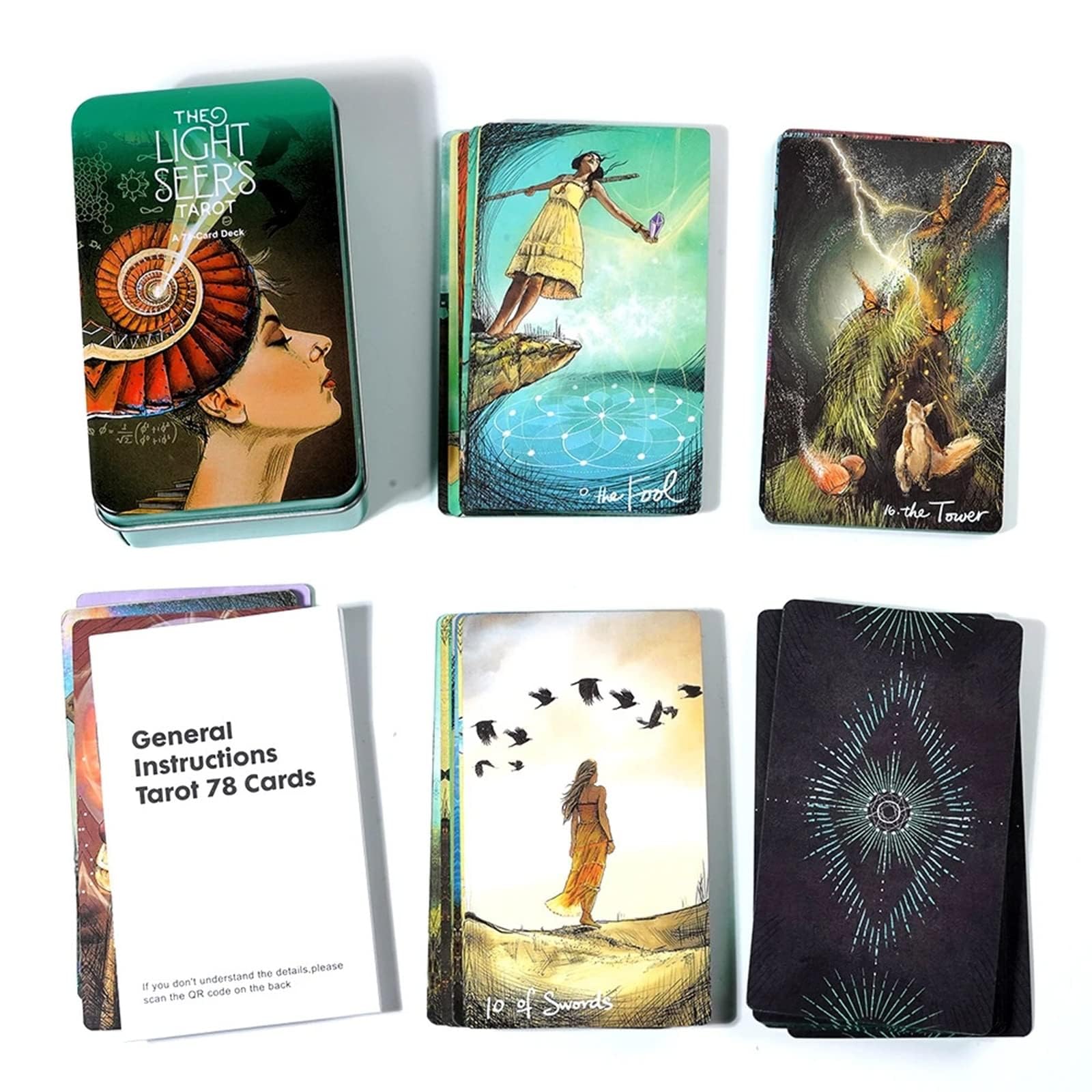 Las cartas del tarot del vidente de luces, 78 unidades, baraja de cartas de tarot con lámina dorada en el borde, cartas de oráculo con guía de viaje y caja de metal para principiantes y lectores