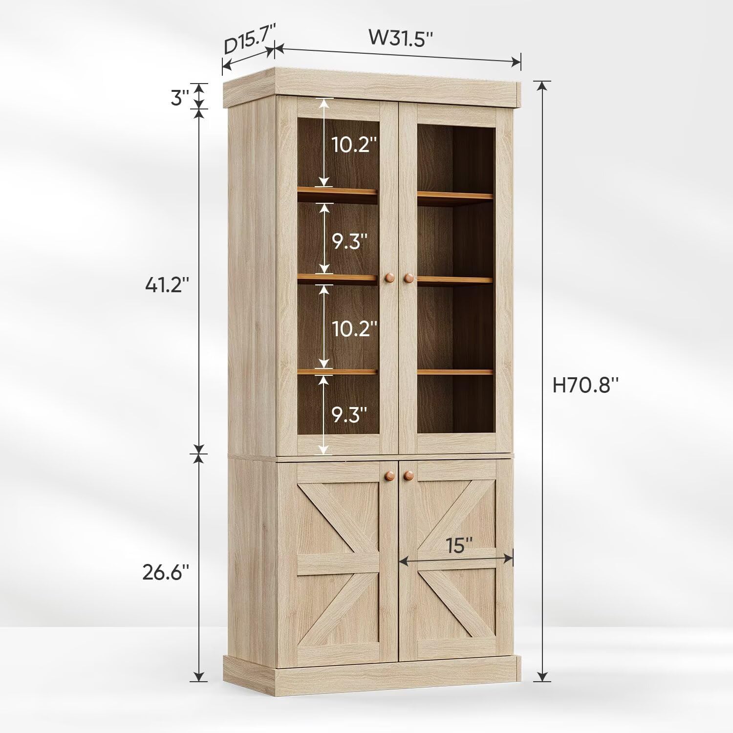 71" Tall Kitchen Pantry Cabinet, Rustic Farmhouse Storage Hutch with Glass Doors & Adjustable Shelves, Freestanding Wood Buffet Cabinet for Dining Room, Living Room, Brown (Set of 4)