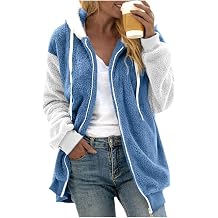 Winter Jackets for Women Full Zip Up Fuzzy Fleece Jacket Hooded Color Block Patchwork Cardigan Coats with Pockets