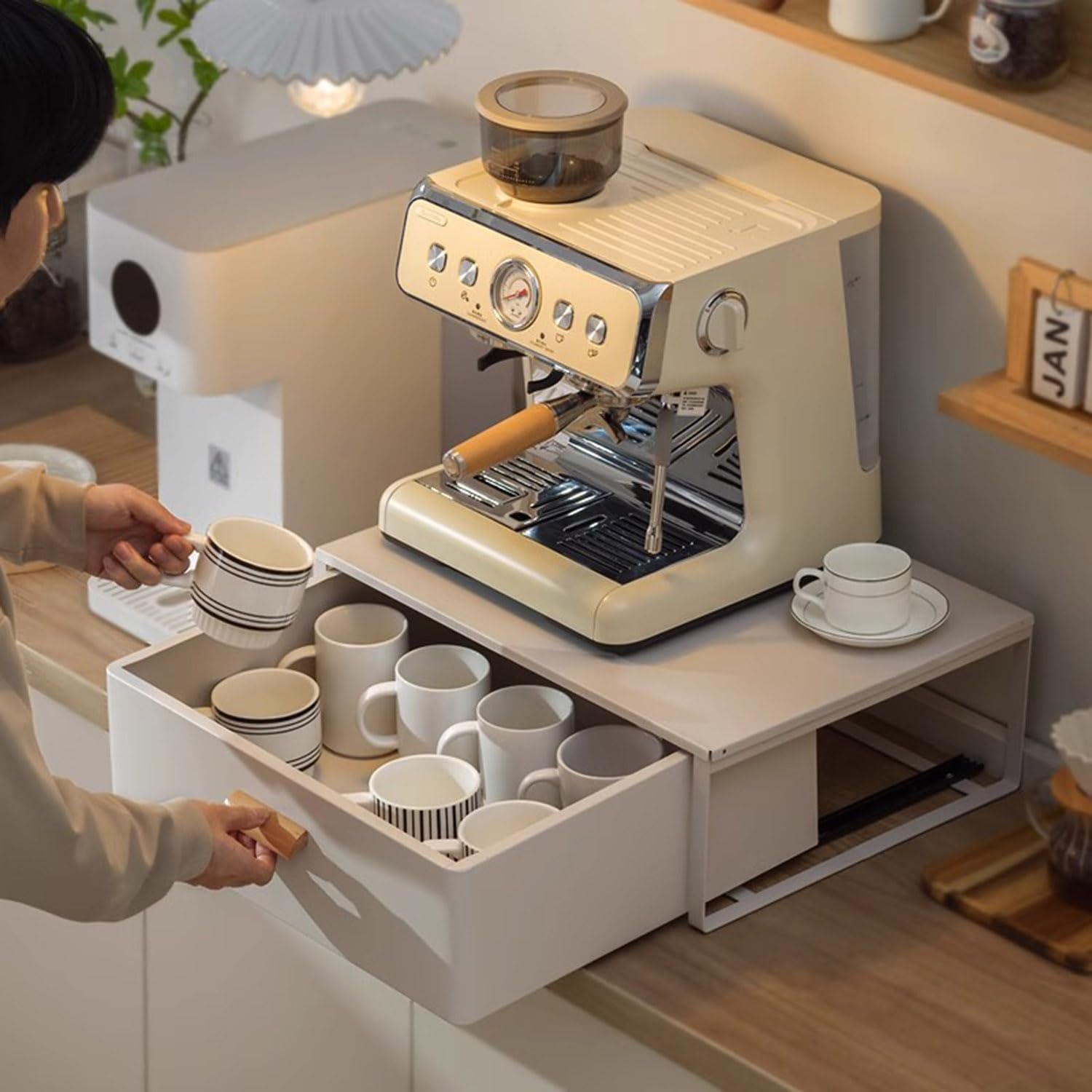 Soporte de acero para microondas con cajones extraíbles, organizador de encimera para microondas compactos, estación de café y almacenamiento de electrodomésticos de cocina, color blanco (50 cm)