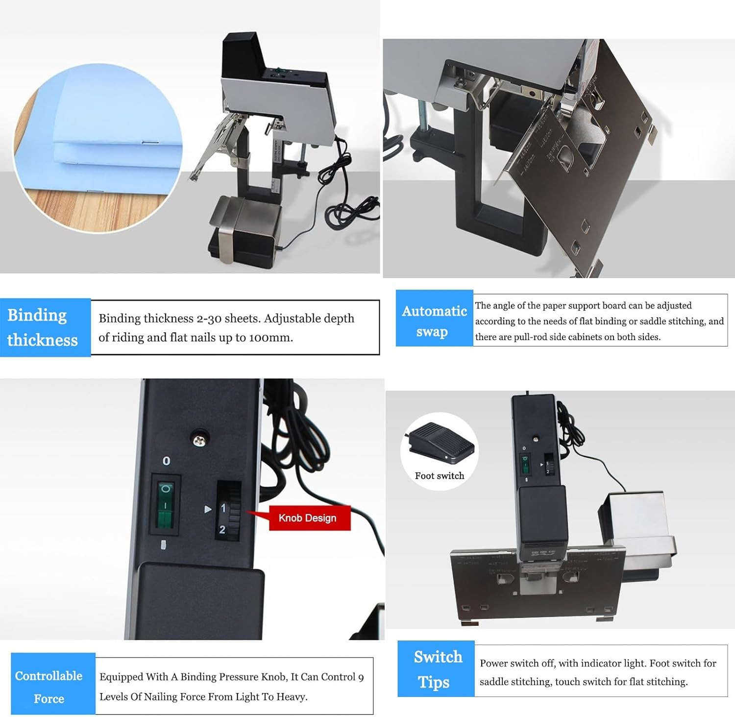 Update Electric Stapler, Automatic Saddle Stapler, Flat Saddle Binder Stitcher Equipped With1~9 Levels Binding Pressure Knob, 2-40 Sheet,100 Mm Nailing Depth