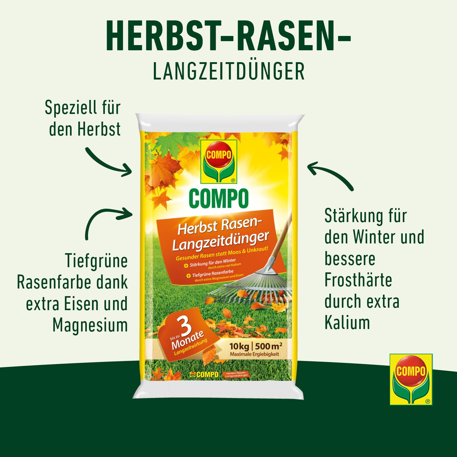 COMPO Herbstrasendünger mit Kalium 10 kg für 500m² Langzeitwirkung 3 Monate