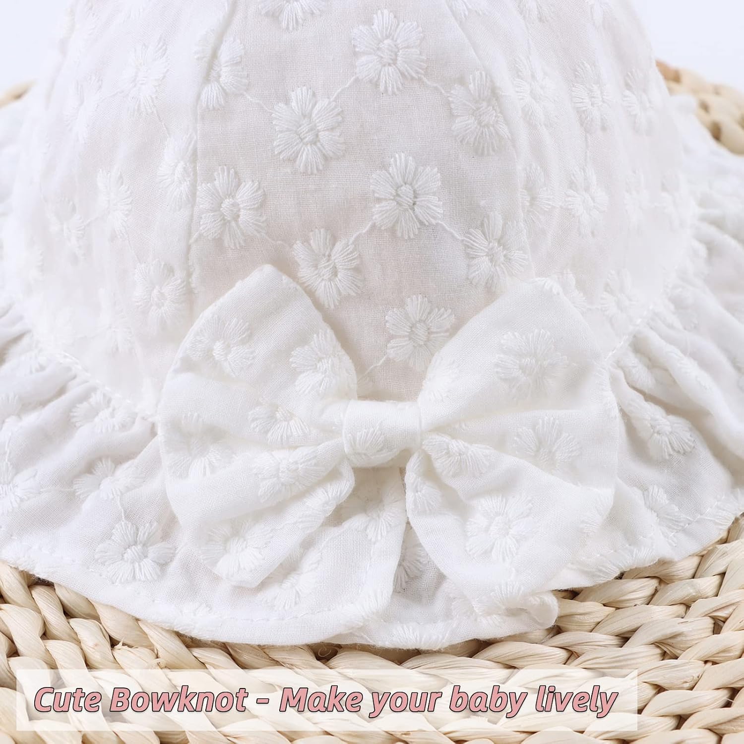 Pesaat Baby Girl Sun Hat with Bow Flower Cotton Infant Bucket Hat Summer Toddler Kids Beach Hats for Girls 0-2 Years - Image 2
