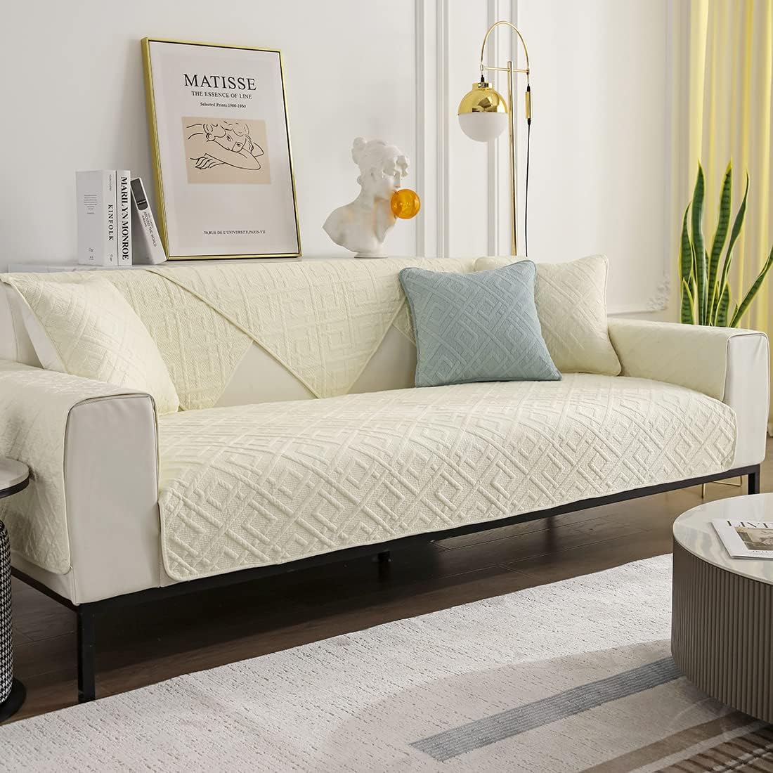 vctops Geometric Cotton Quilted Couch Sofa Cover Farmhouse Solid Color Sectional Couch Covers Non Slip Sofa Slipcover Furniture Protector for Living Room (Cream,43"x43")
