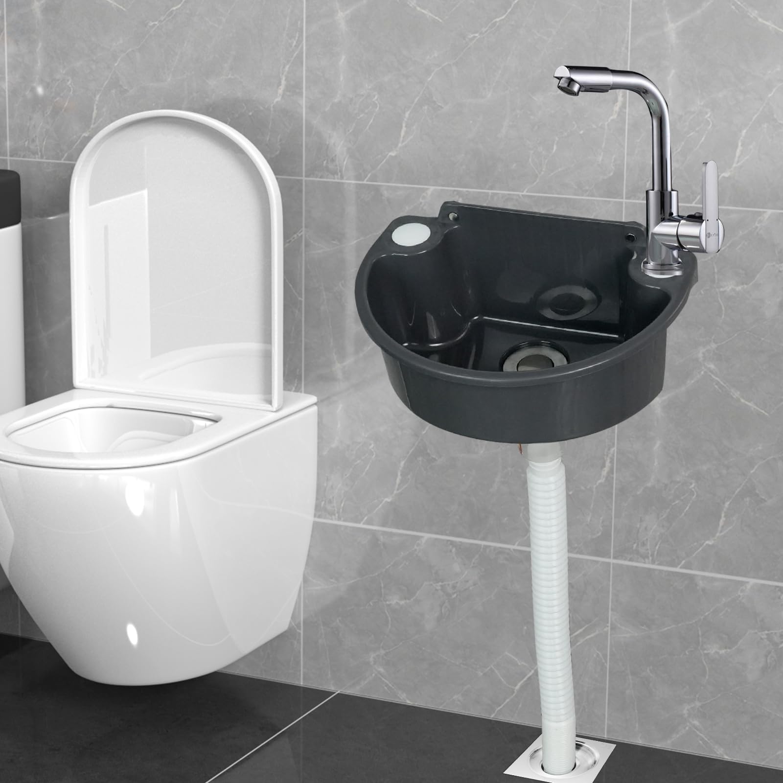 Fregadero De PláStico, Fregadero De Camping De Pared Con DesagüE De 75 Cm Lavabo Semicircular Gris Para Aseo De Invitados BañO Camping JardíN SóTano Obra 31 X 21 X 10,5 Cm