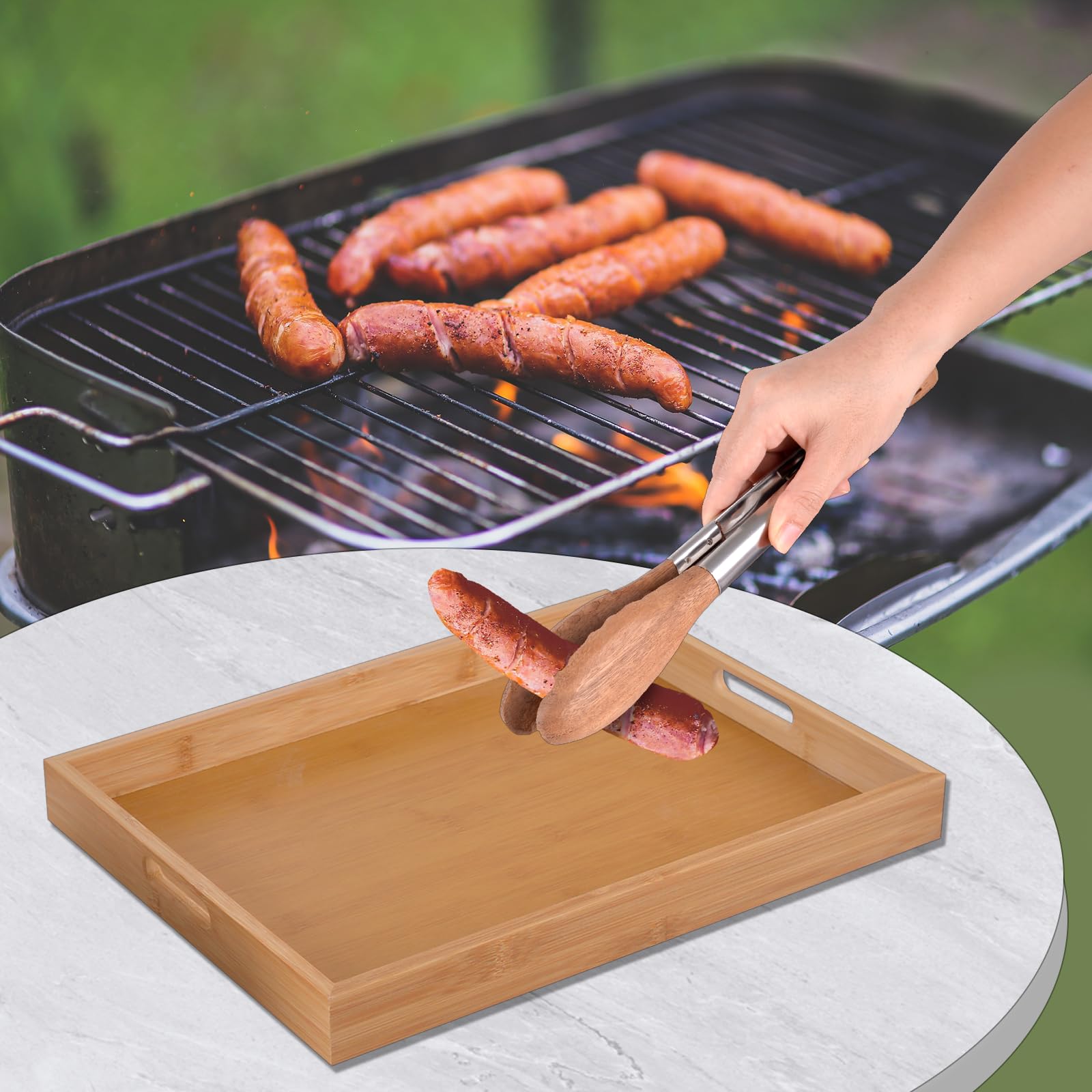 Accesorios de cocina/plancha 3 en 1: pinzas de madera, bandeja de madera y cubierta de parrilla de acero inoxidable, adecuado para barbacoa al aire libre, cocina y platos para servir