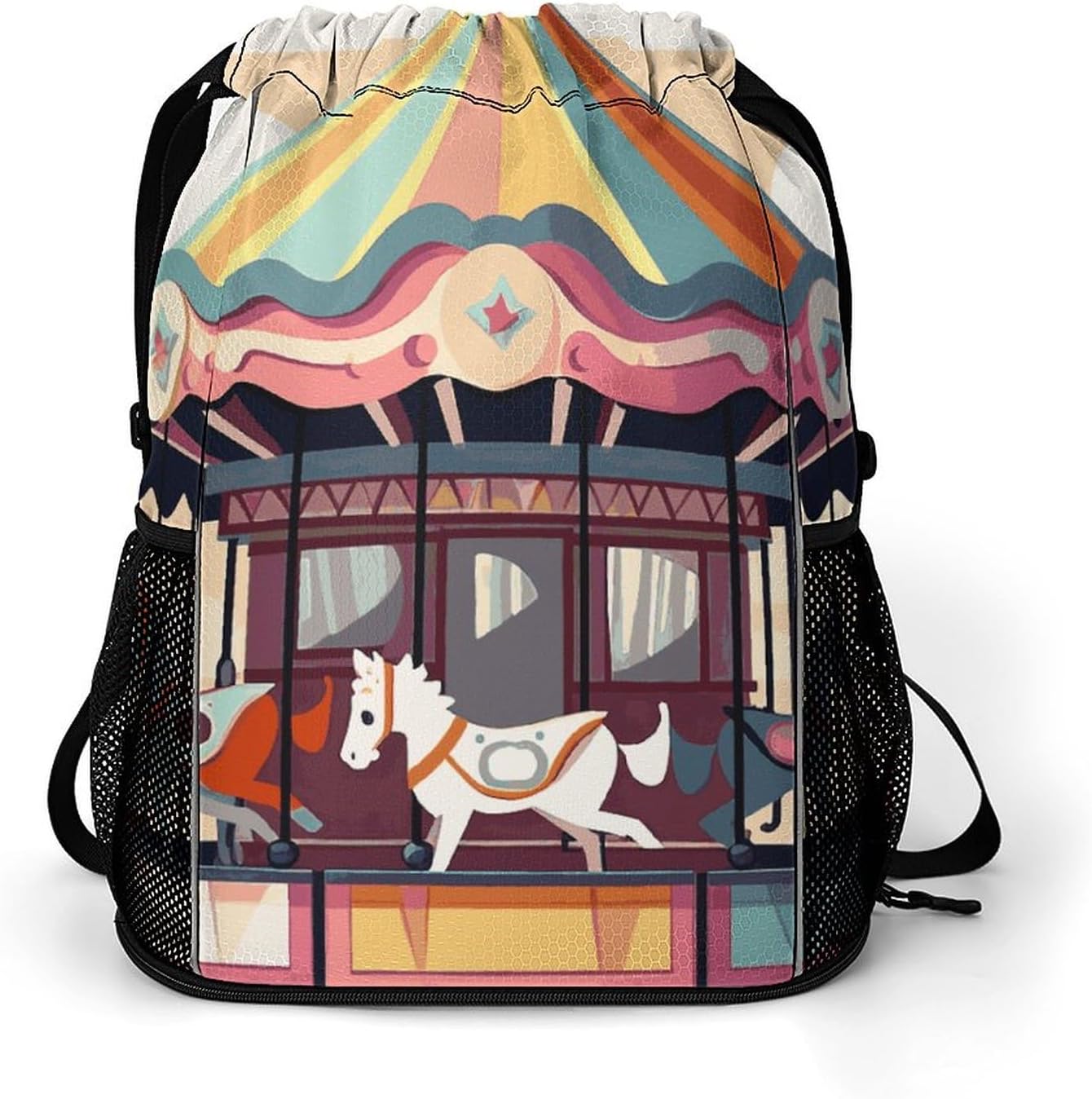 Drawstring Backpack Sports Gym Swim Bag with Shoes Compartment Carousel Stuff Sack