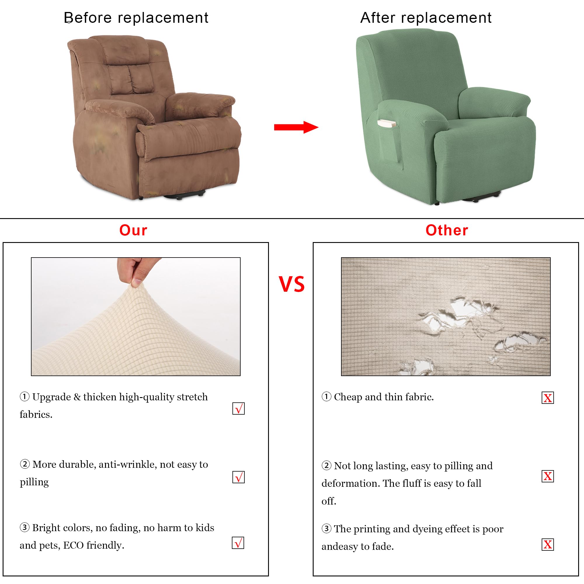 TIANSHU 1 Posti Fodera per Poltrona Reclinabile, Fodera per Poltrona Reclinabile Jacquard, Fodera per Divano Reclinabile Elasticizzata (Poltrona Reclinabile, Verde)