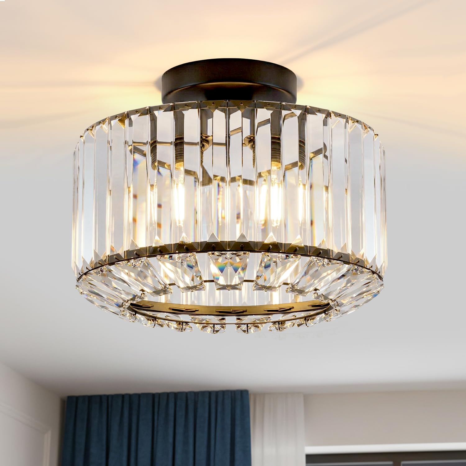 ANWIO Plafonnier en Cristal Noir, E27 Lustre Salon Moderne, Plafonnier Chambre Ø265mm, Luminaire Intérieur Cuisine, Salle à Manger