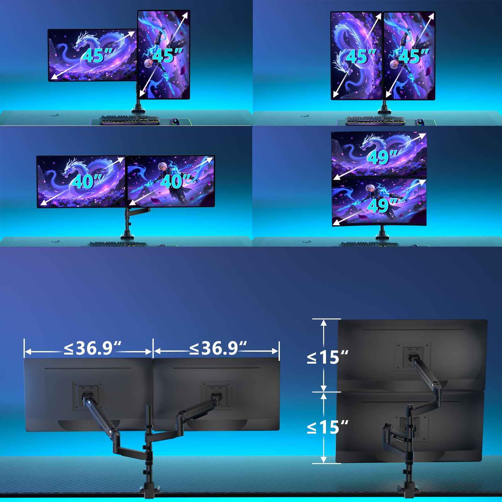 WALI Podwójny uchwyt na monitor do ultrawide, wytrzymałego, zakrzywionego monitora, podwójne ramię monitora pasuje do 17-49 cali do ultrawide ekranów o wadze do 20 kg, ramię monitora 124.5 cm, czarny