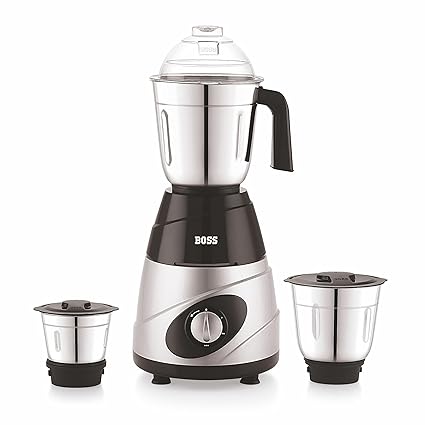 BOSS 550-Watt Mixer Grinder with 3 Jars, Premium Luxe Finish, High Speed Motor, SS Blades, 5 Years Motor Warranty with Overload Protector, Black/Silver