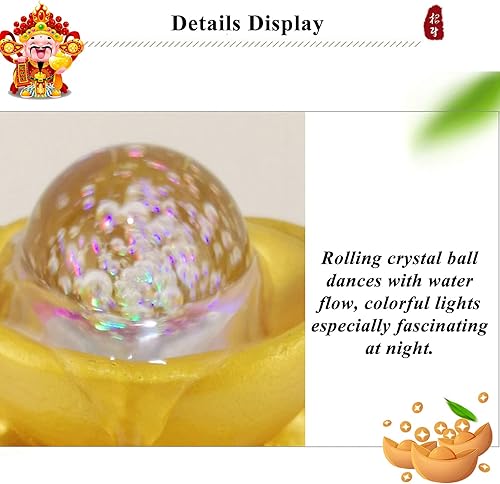 Miniatura 4 de Feng Shui - Fuente de agua de mesa de lingote dorado para interiores, pequeña con luces, cascada para interiores, con bola de cristal rodante y