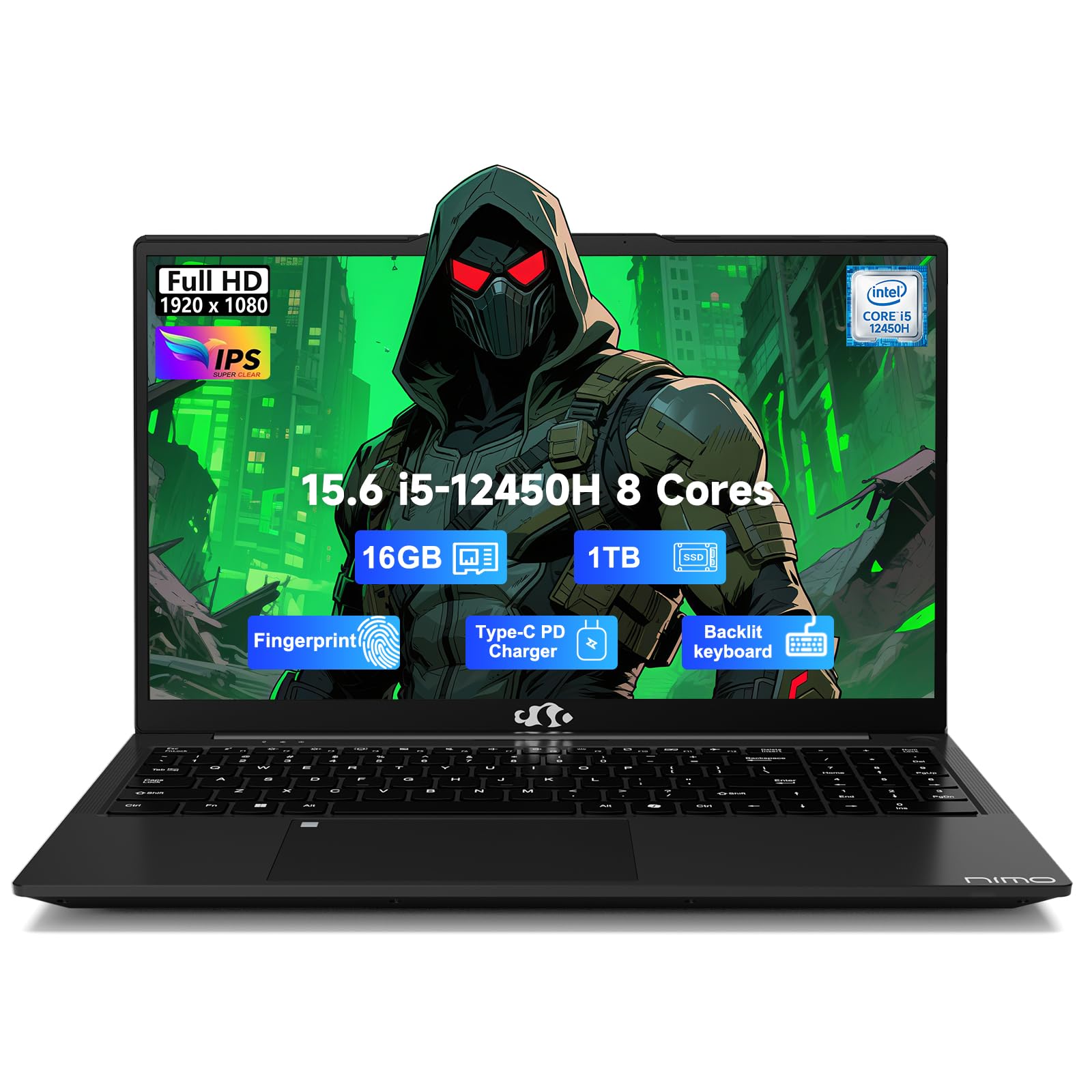 NIMO 15.6" FHD-IPS-Business-Laptop, 8 Cores Intel i5-12450H 16GB RAM 1TB SSD (Beat i7-11800H, Up to 4.4GHz) Backlit Keyboard Computer, 100W Type C Fingerprint WiFi 6 Numpad Win 11
