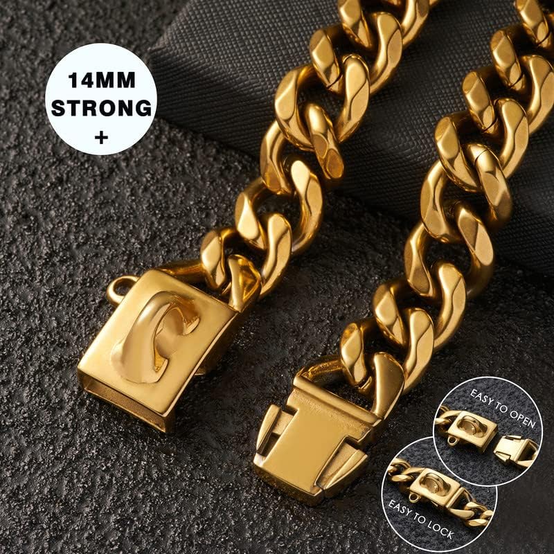 Dog Collar for Medium Large Dogs Gold Chain Dog Collar with Bling Letter Pendant 18K Cuban Link Dog Collar Heavy Duty Chew Proof Letter 10In&14In&16In
