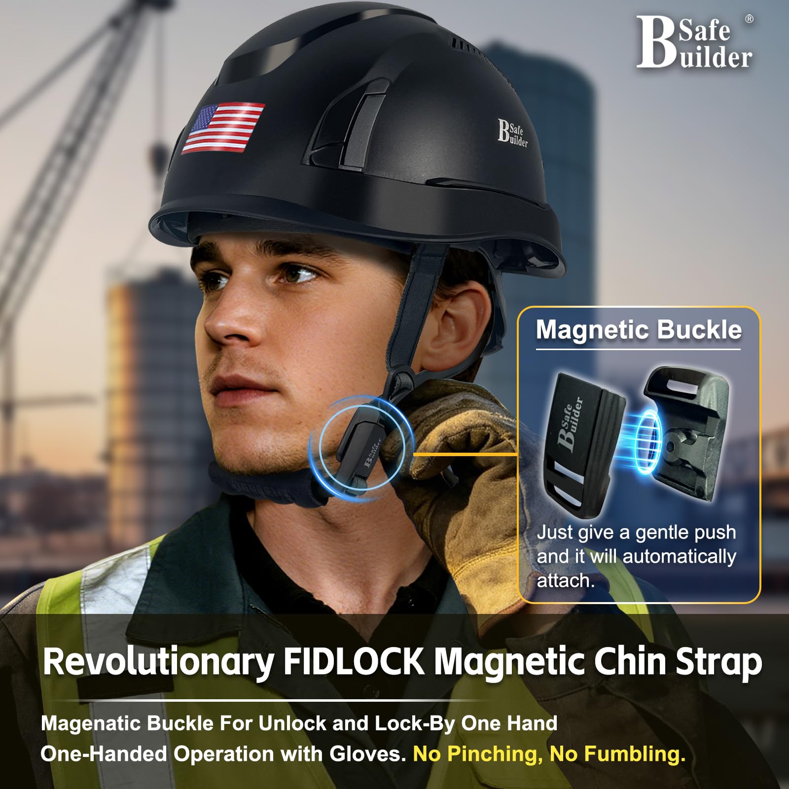 SAFEBUILDER Casques de protection ANSI et CSA de type II ventilés de type 2 classe C, LT pour protection contre les chocs supérieurs avant, arrière et latéraux, mentonnière avec boucle magnétique