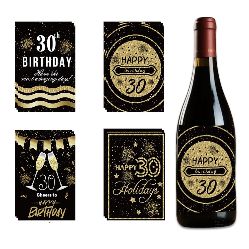 Étiquettes bouteille de vin 30e anniversaire dorées : lot de 12 autocollants de fête