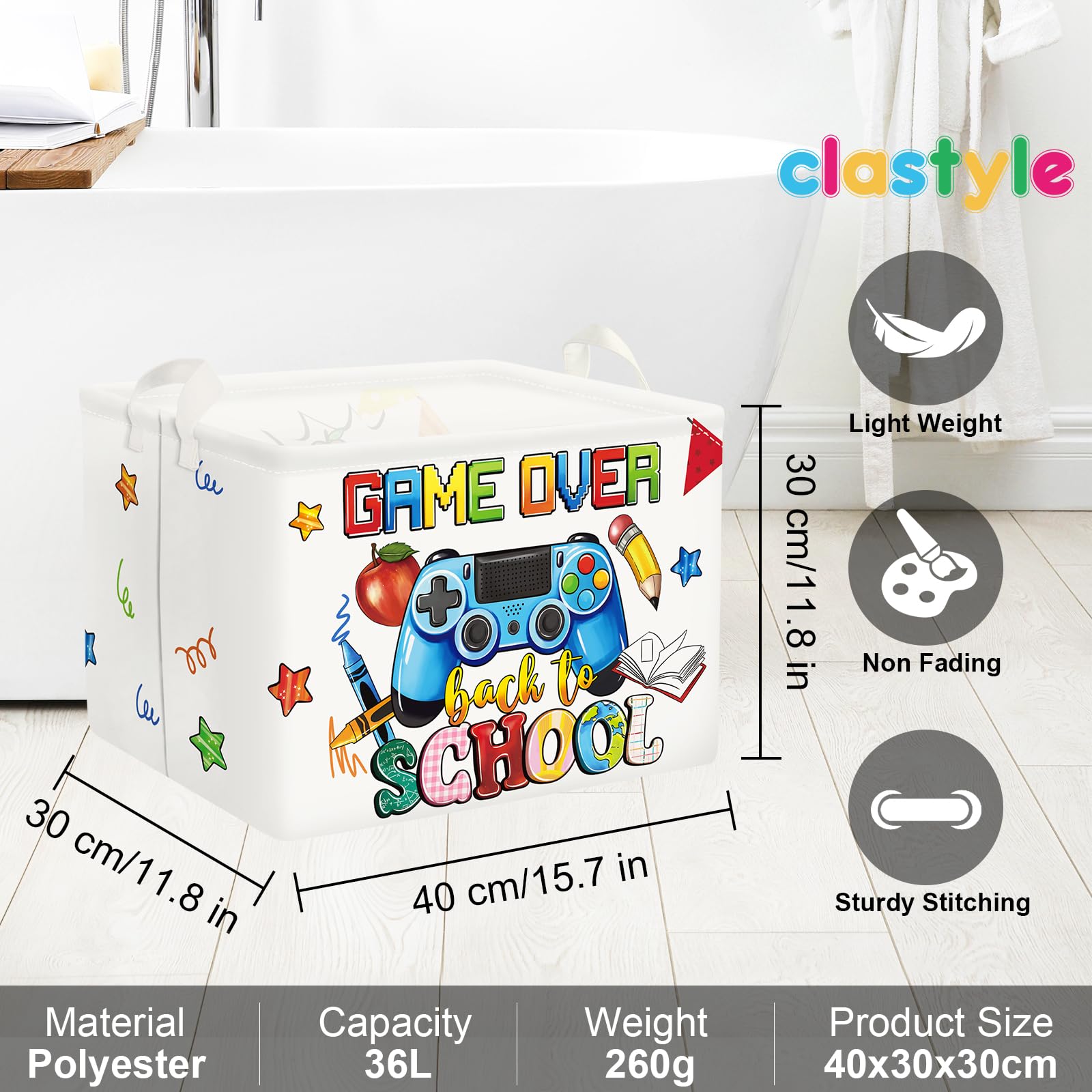 Clastyle Ceste Biancheria Gioco Cestino Giocattoli Vestiti Impermeabile per Ragazzo Ragazza Cestino Portaoggetti per Bagno Cameretta Bucato, Scuola Bianca, 40x30x30 cm