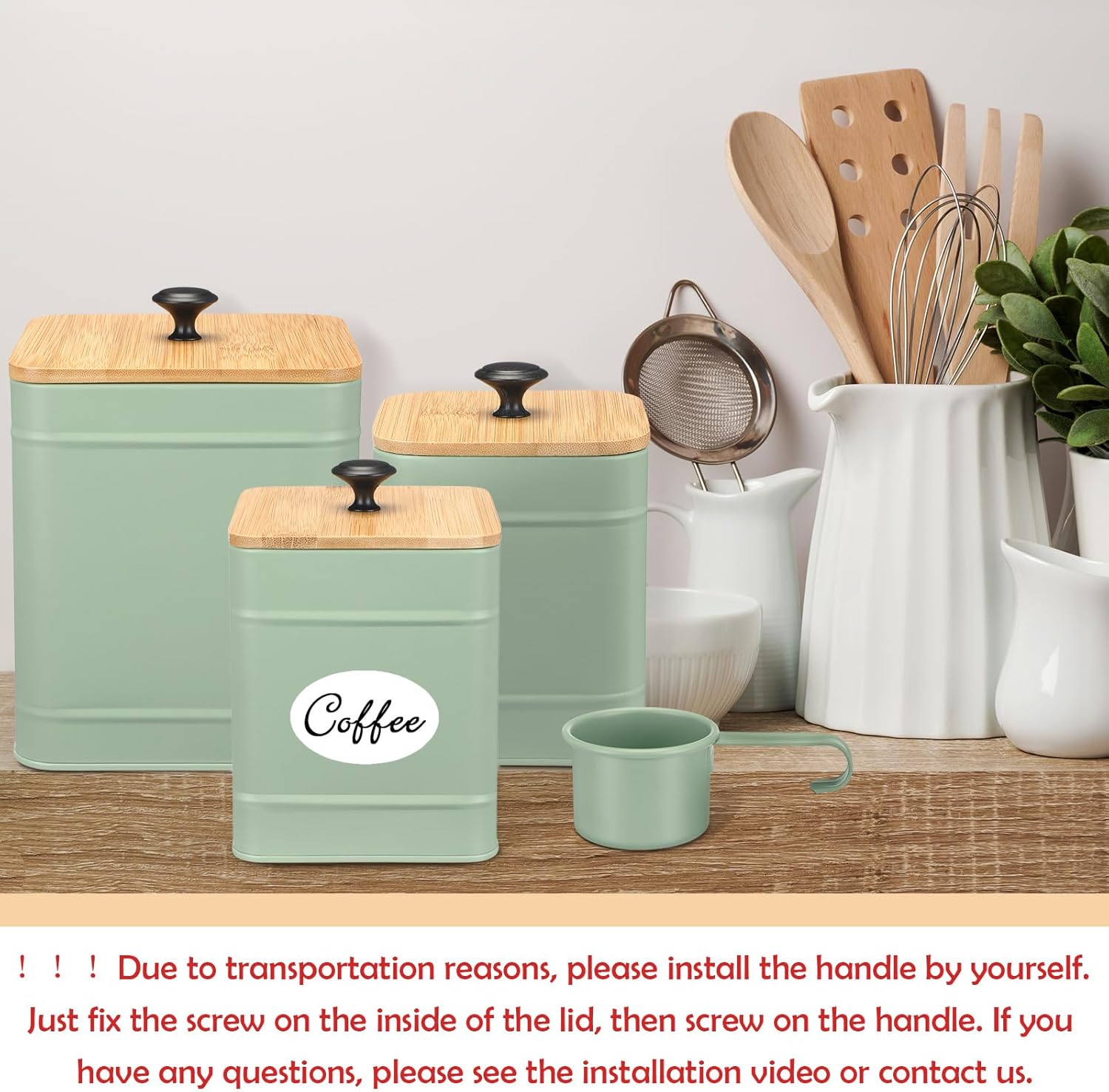 Tioncy Kitchen Canisters for Countertop Set of 3 Metal Canisters Sets with Bamboo Lids Spoon Airtight High Capacity Coffee Tea Sugar Flour Jars with DIY Labels Farmhouse Food Storage(Green,L,M,S)