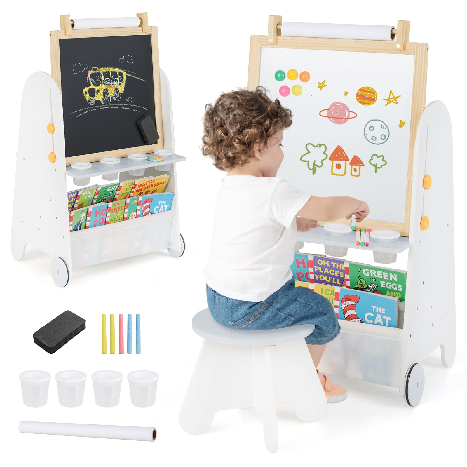 COSTWAY Cavalletto Lavagna per Bambini con Sgabello e Tavolo 4 in 1, Lavagna Magnetica Regolabile in Altezza con Rotolo di Carta e 4 Tazze di Vernice, Cavalletto a Ruote con Gessi e Cancellino