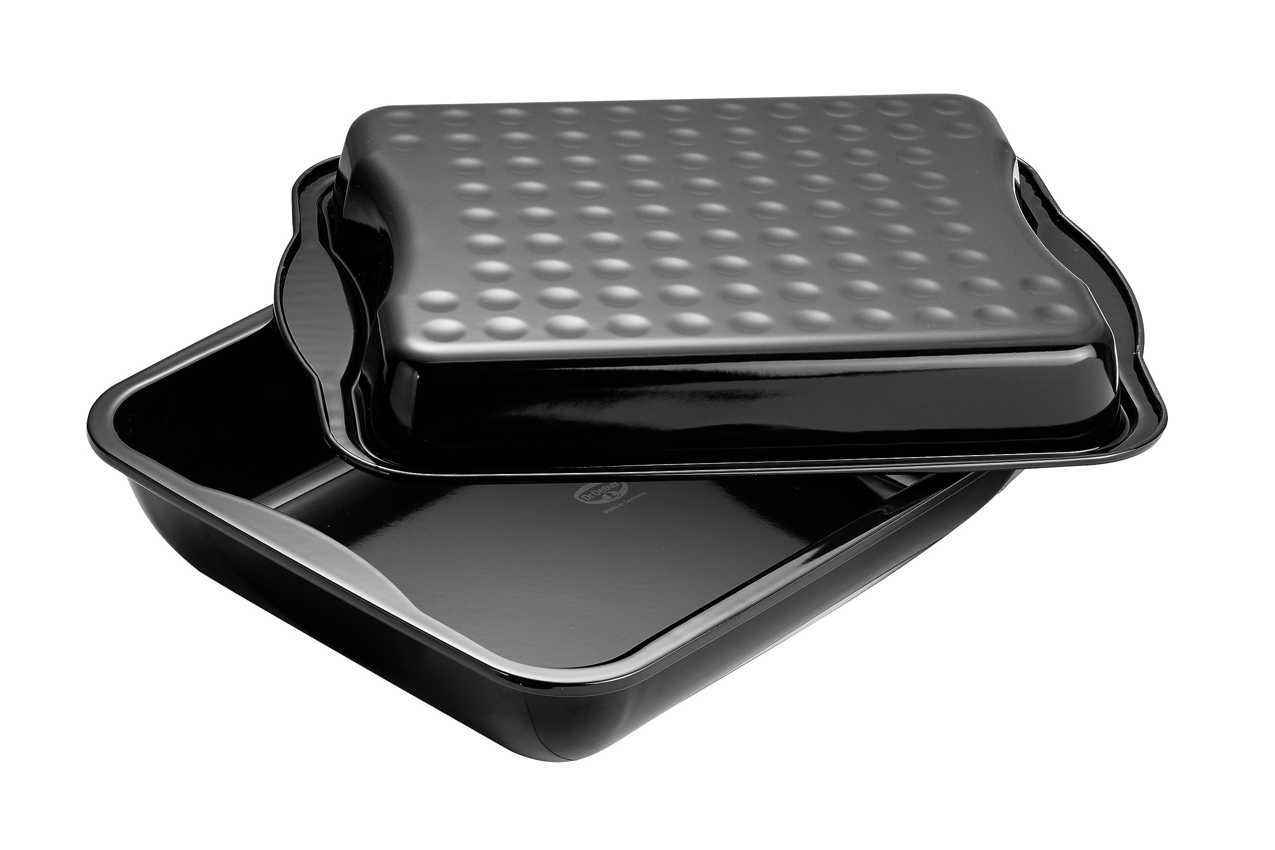 Dr. Oetker Fuente para horno alta y rectangular con tapa-Besuguera-Rustidera antiadherente esmaltado negro-Bandeja XXL, resistente hasta 400ºC, hecha en Alemania, 42x34x7,5cm, 1ud.