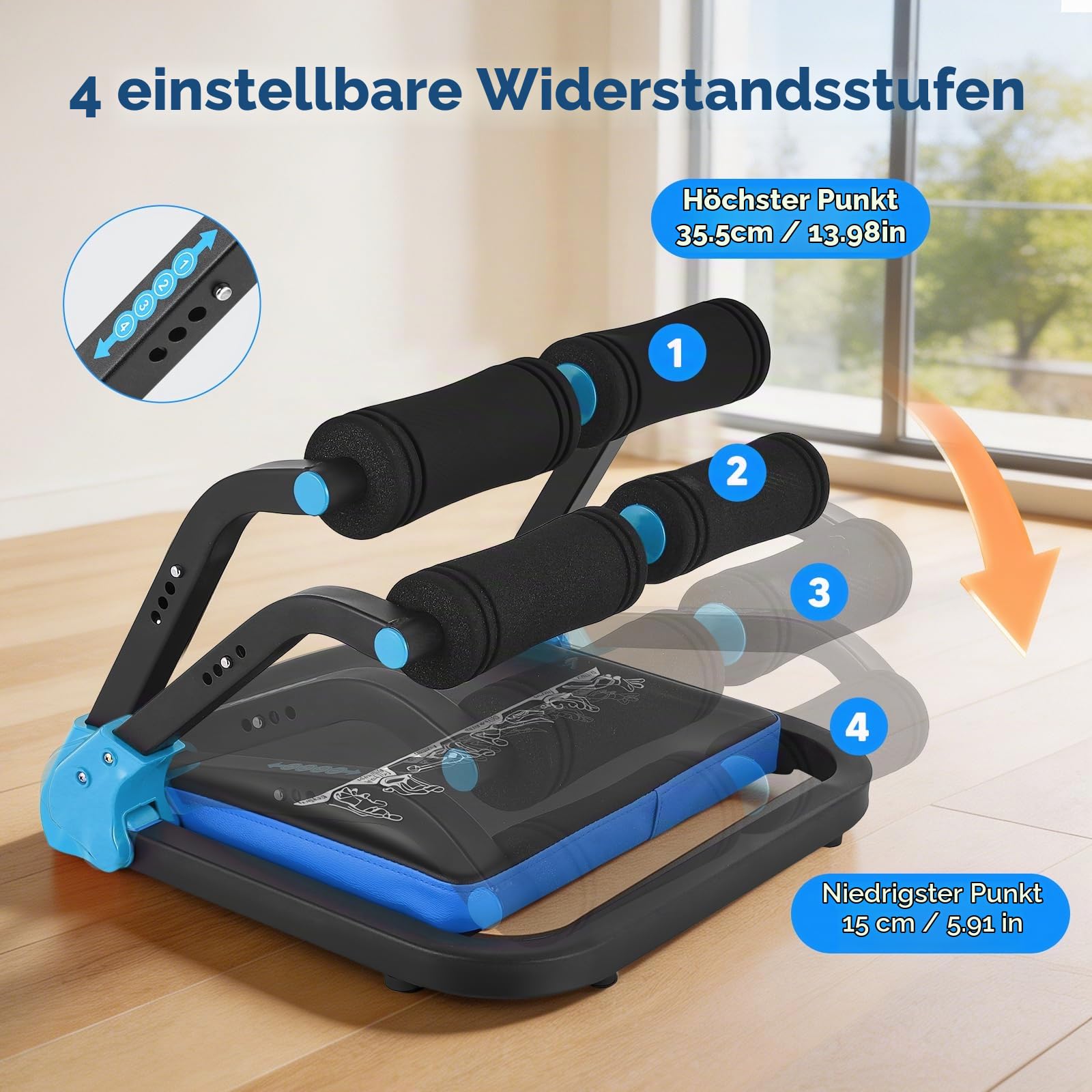 Bauchtrainer für Zuhause 4 Widerstandsstufen – Ganzkörper Core-Trainer für Zuhause, 150 kg belastbar, tragbares Fitnessgerät für Sit-ups, Arme & Beine
