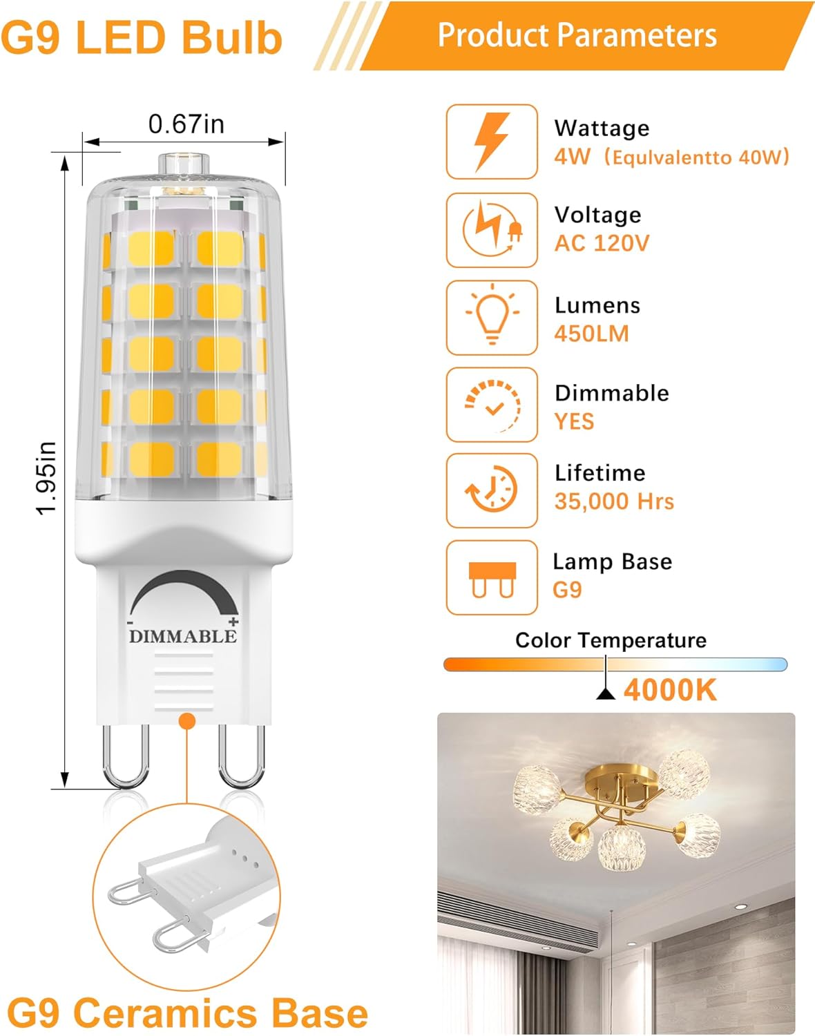G9 LED Bulb Dimmable 4W, 4000K Neutral White 450 Lumen,10 Pack, Ceramic Bi-pin Base, T4 Chandelier for Home Lighting Replacement
