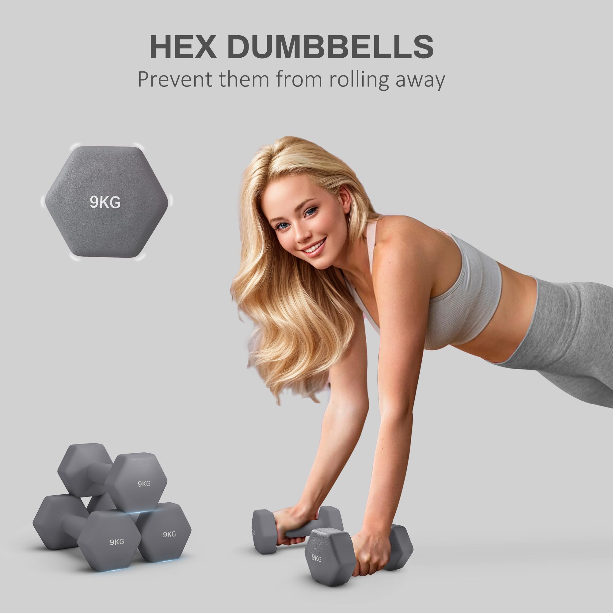 SPORTNOW 2er-Set Sechseckhanteln 9 kg Metall und Kunststoff, 2 Gewichtshanteln mit rutschfestem Griff, 25x11x11 cm, grau | Sechskant-Hantel-Set aus Metall, Krafttraining, Fitness zu Hause, für Männer/Frauen