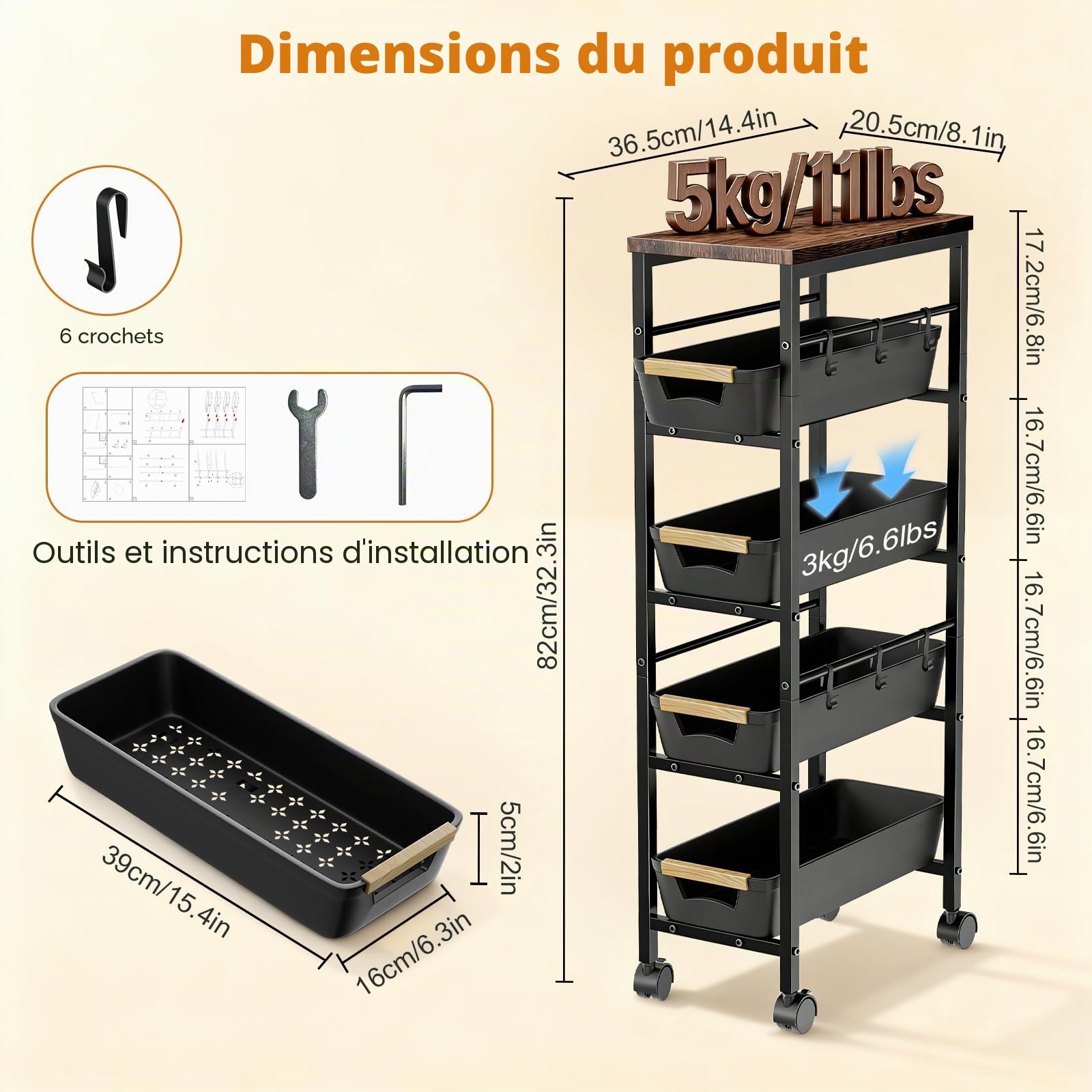 Meuble Rangement Cuisine, Corbeille à Fruits en Métal Chariot de Rangement à 5 Niveaux avec Plateau en Bois, Cuisine, Chambre, Salle de Bain, Dortoir