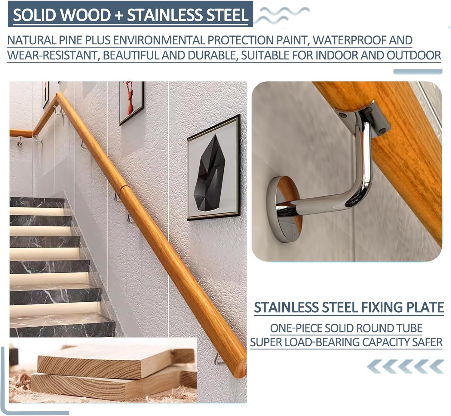 Indoor Wooden Handrails for Stairs, Staircase Banister Rail with Stainless Steel Brackets Kit Corridor Stair Railings Support Rod Safety Hand Rail Wall Decor (Size : 7ft/210cm)