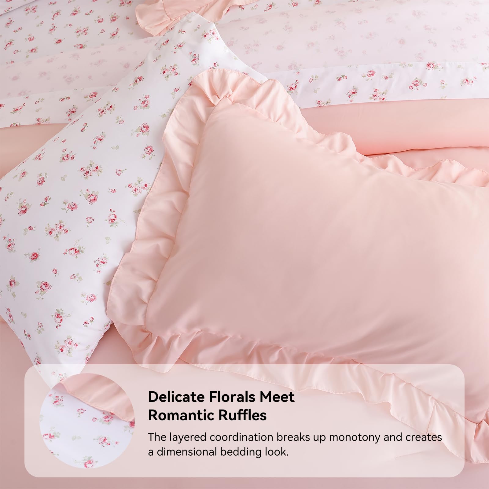JANZAA Ruffle Queen Comforter Set - Pink Floral -5