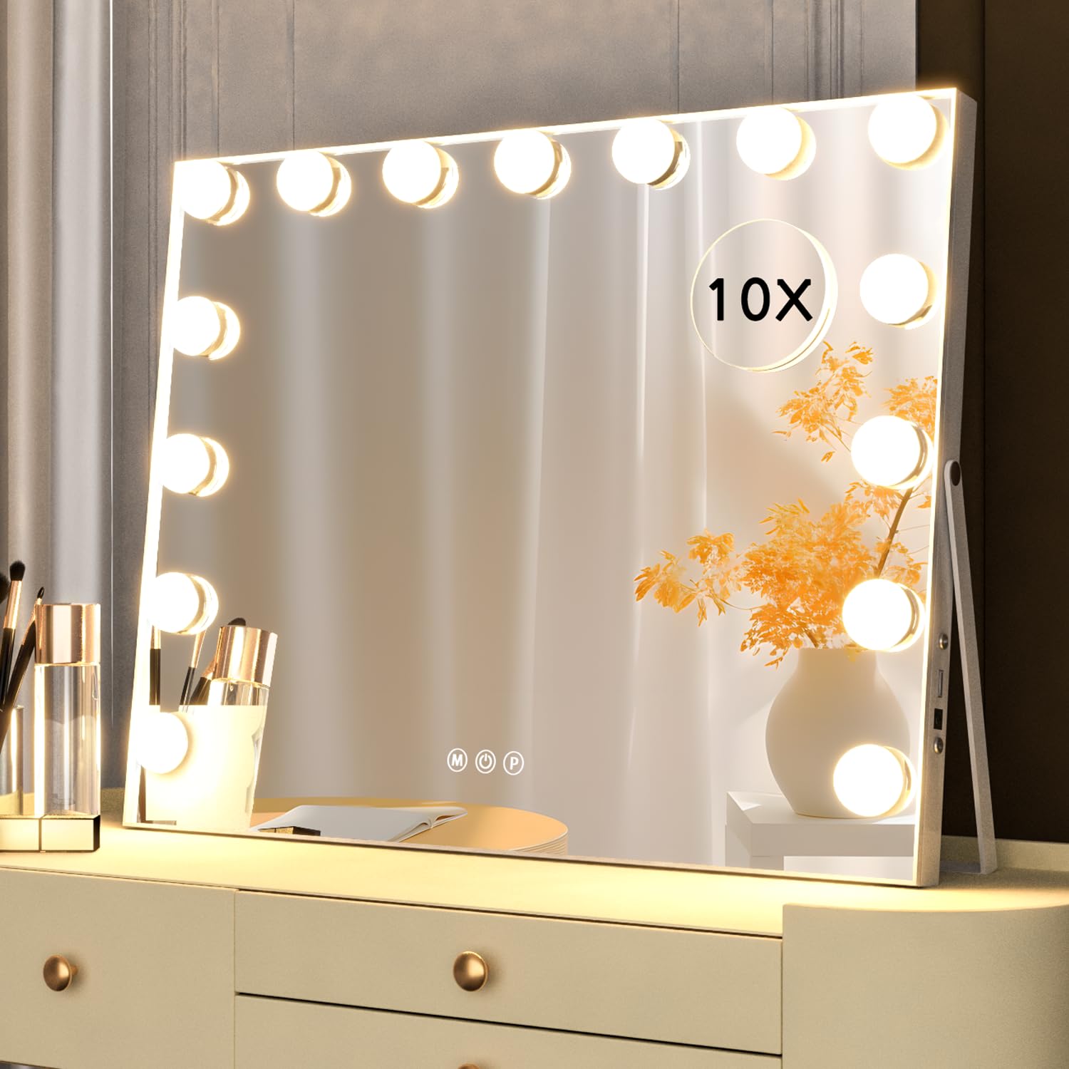 Kottova 23x18.1 Vanity Mirror with Lights, Lighted Makeup Mirror with 15 Dimmable LED Bulbs, Hollywood Mirror with 3 Color Lightings, USB Charging Port Touch Control, Metal Frame,Plug in (White