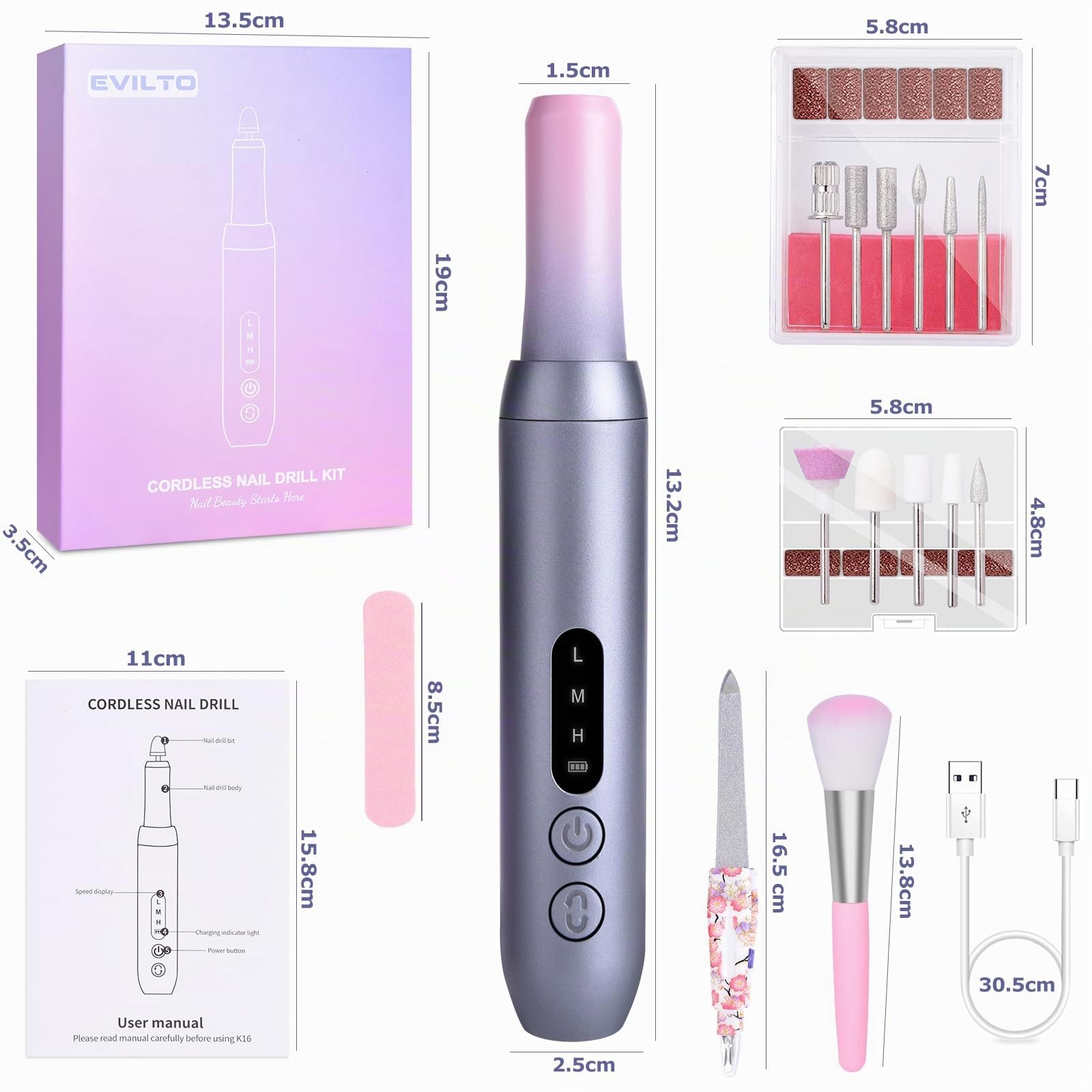 Torno para Uñas Profesional Lijadora Eléctrica de Uñas sin Cable 30000RPM, Lima de Uñas Portátil con Pantalla LCD, 12 Puntas, Potente Kit de Lijado para Manicura y Pedicura (Gris y Rosa)