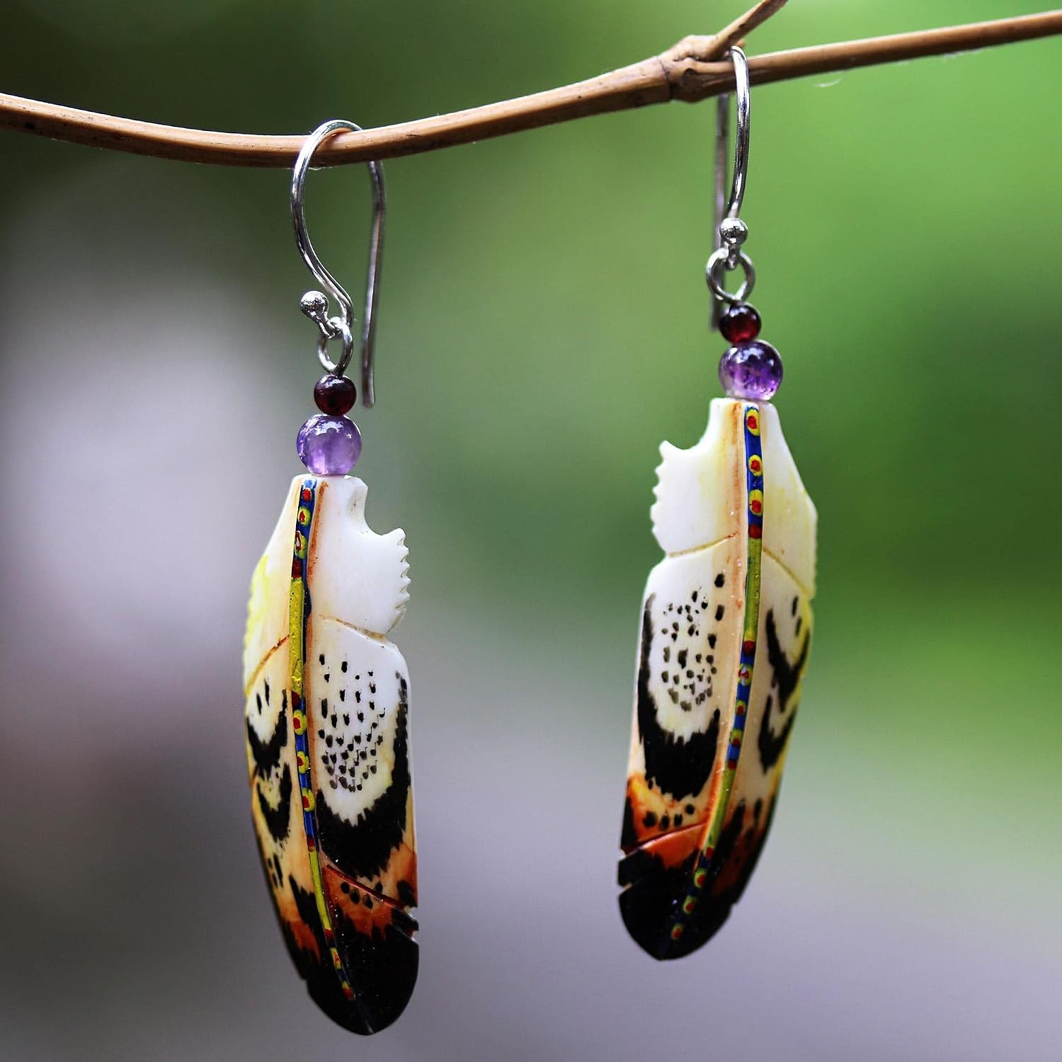 NOVICA Handmade Amethyst Garnet Dangle Earrings with Bone Indonesia Gemstone Birthstone Bird [2.2 in L x 0.4 in W x 0.2 in D] 'Delightful Feathers'