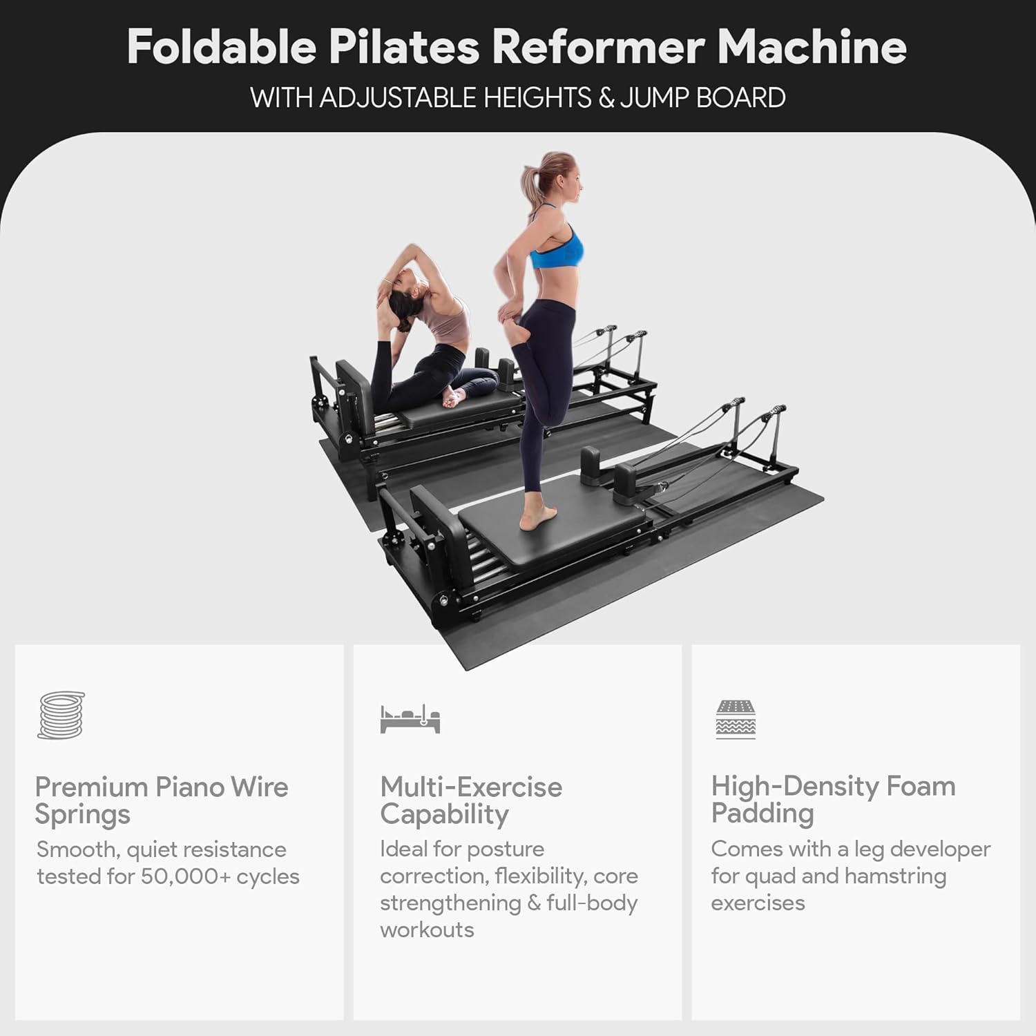 BalanceFrom Foldable Pilates Reformer Machine with Adjustable Reformer Heights, Multifunctional Pilates Equipment with Jump Boardsand and Piano Wire Spings - Image 3
