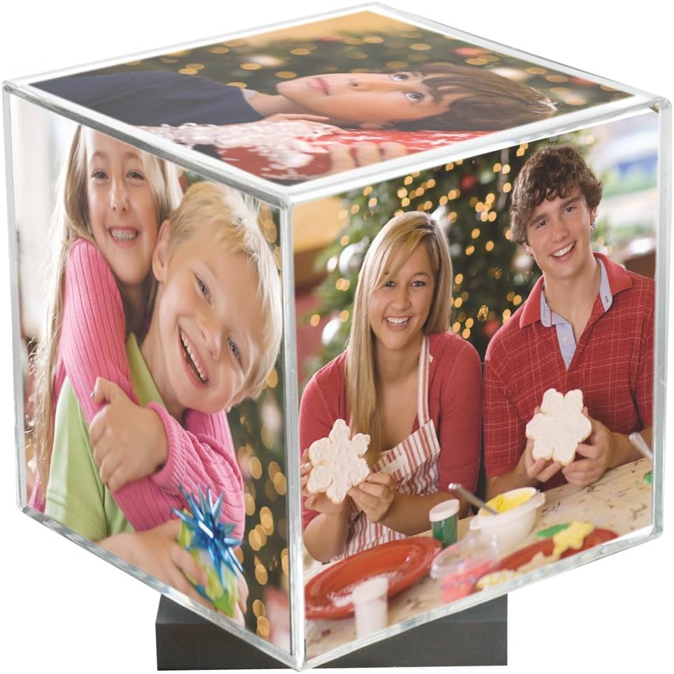 Clear Spinning Photo Cube with Silver Base, Holds Five 3.5" x 3.5" Photos