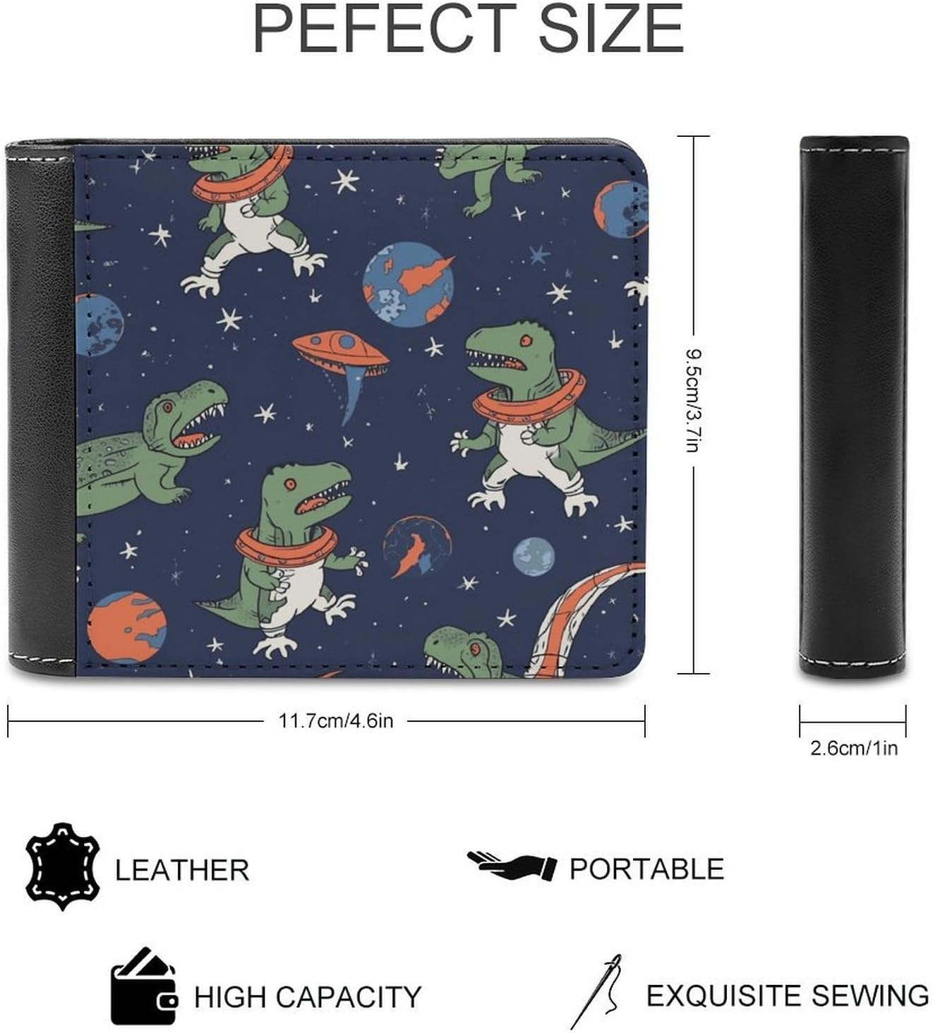 Funny Astronaut Dinosaur Rocket Wallet Men's Slim Leather Bifold Passcase Wallet Travel Billfold Large Capacity Money Clip image 2