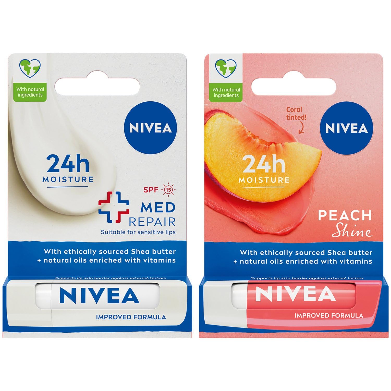 NIVEA Med Repair Dudak Bakım Kremi, SPF 15 4,8 ml + NIVEA Şeftali Dudak Bakım Kremi 4,8 g, Şeftali Kokusu