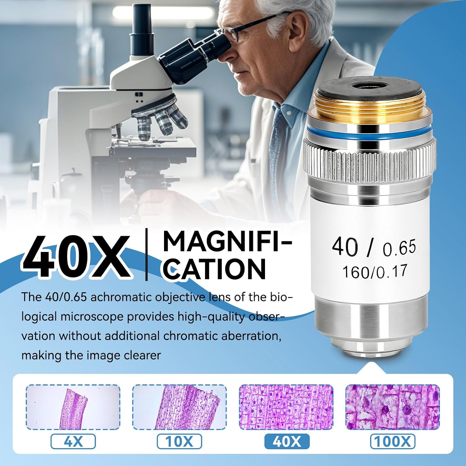 40X Microscope Lens, Achromatic Microscope Objective 160/0.17 High Magnification Biological Achromatic Microscopes Objective Lens 0.65mm Aperture 20.2mm Thread for Compound Magnifier Supplies