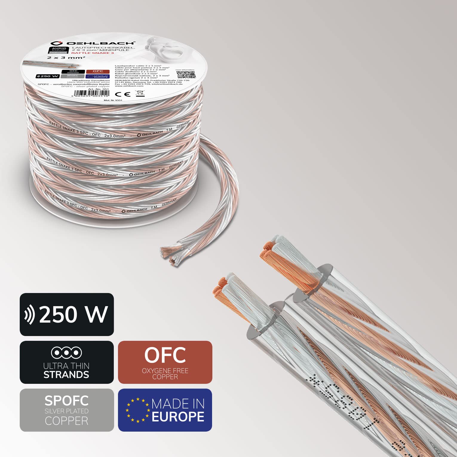 Oehlbach Rattle Snake 3 SP – Cavo audio stereo HI-FI di alta qualità con OFC e rame senza ossigeno argentato, prodotto in Germania, 2 x 3 mm², mini bobina da 8 m