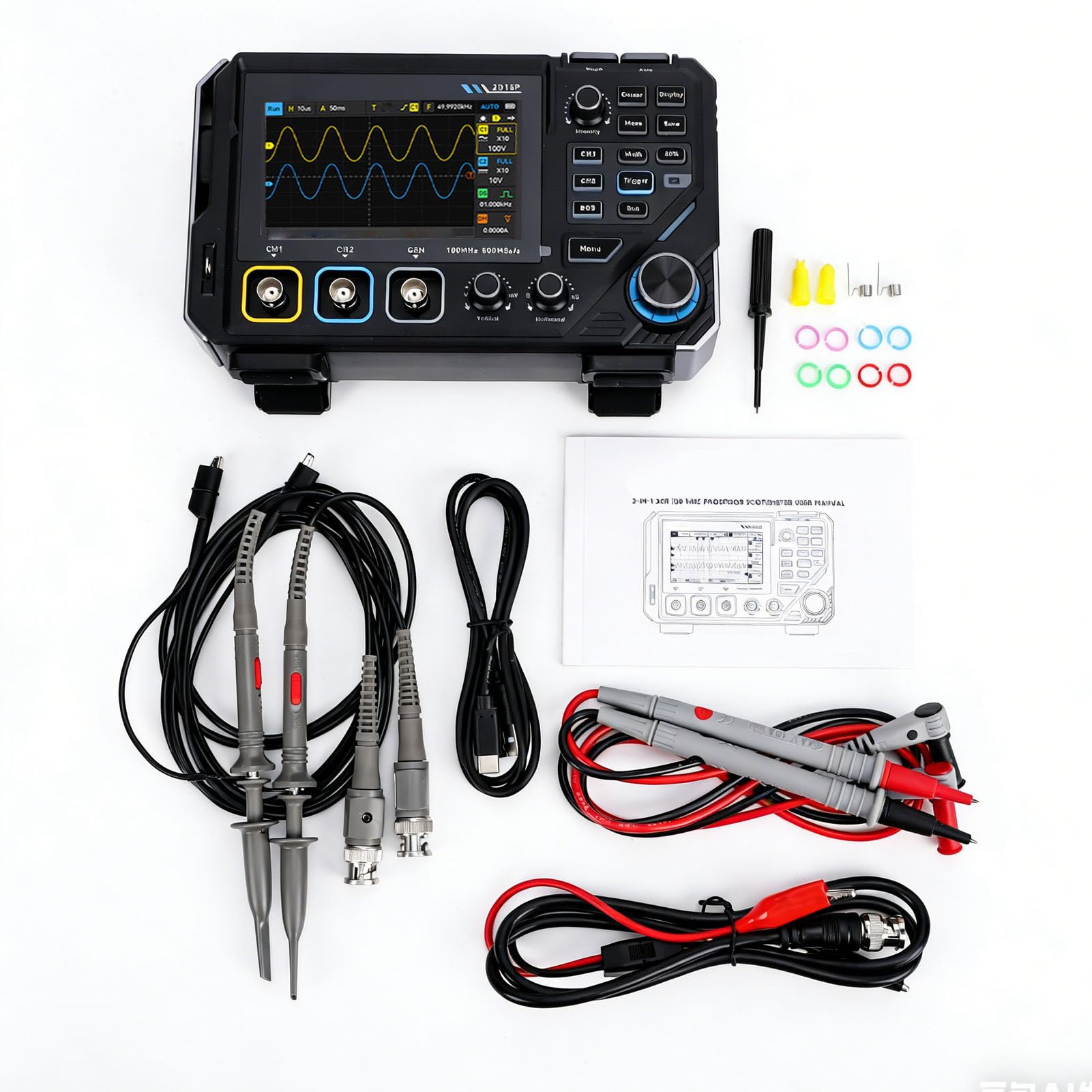 Osciloscopio Digital 100 MHz 3 en 1 con Multímetro y Generador DDS | Doble canal, 500 MSa/s, pantalla táctil IPS de 4,3 pulgadas y generador DDS de 10 MHz para análisis y diagnóstico.