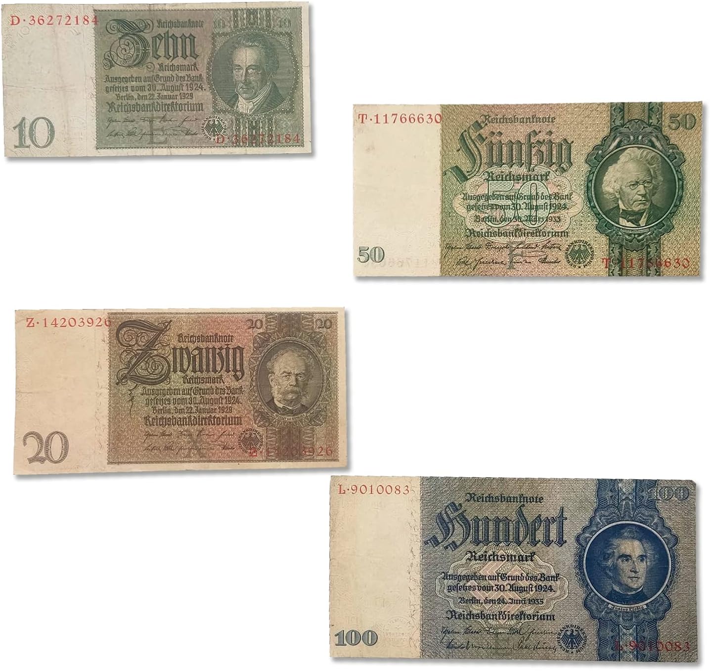 IMPACTO COLECCIONABLES Four (4) WWII German Reichsmark Notes Dated 1929, 1929, 1933 and 1935. Certificate of Authenticity Included