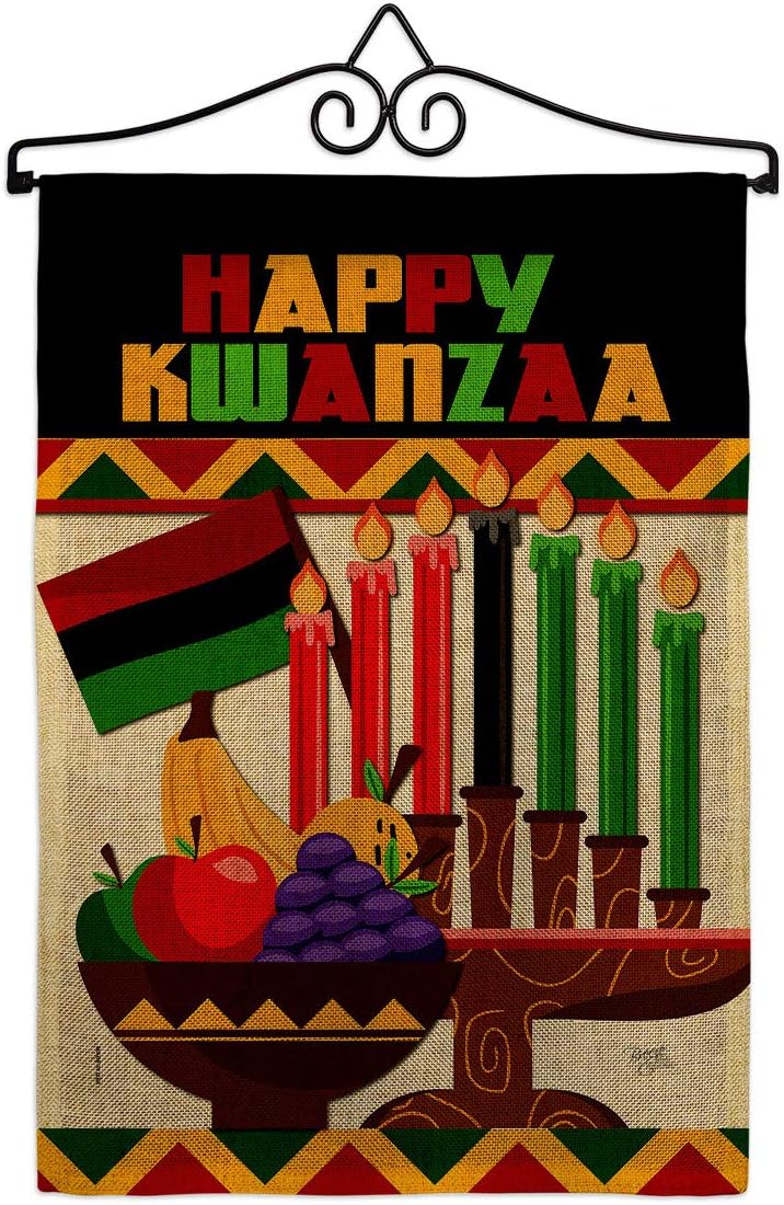 Happy Kwanzaa African Garden Flag Set Wall Holder Black History Kinara Candles Celebrates Americans Heritage Small Decorative Gift Yard House Banner Made In USA 13 X 18.5