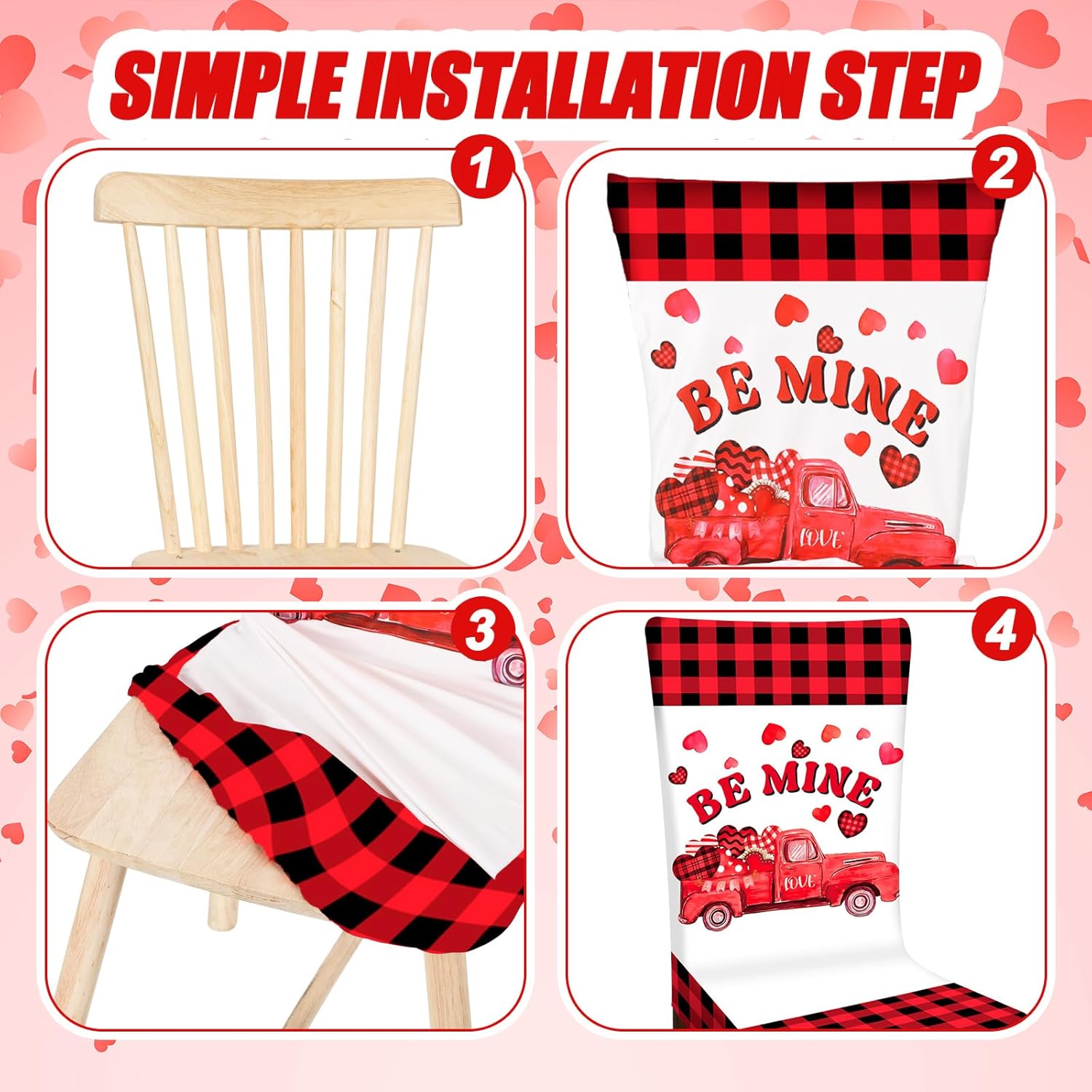 SmoothNovelty 6 Pcs Valentine‘s Day Chair Covers Dining Chair Slipcover Gnome Heart Chair Back Covers Buffalo Plaid Removable Washable Valentine Seat Chair Protector Cover for Room Kitchen Party Decor