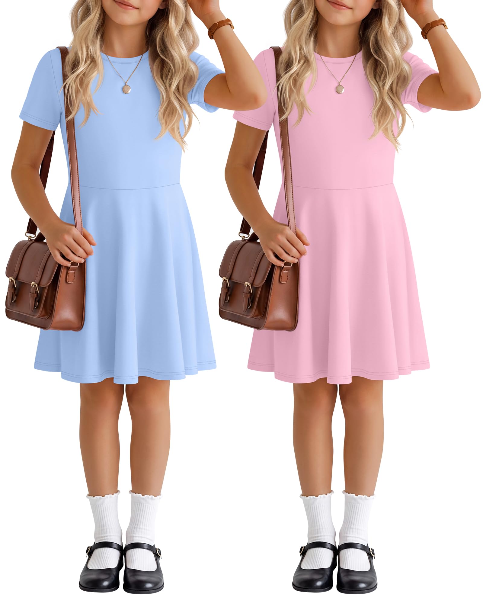 Photo 1 of **Only one***LessonZoo 2 Pack Girls Short Sleeve Dress Skater Casual A-Line Flare Uniform School Cute Summer Teen Dress Kids 5-14 Years(Sky Blue, Pink,13-14 Years)