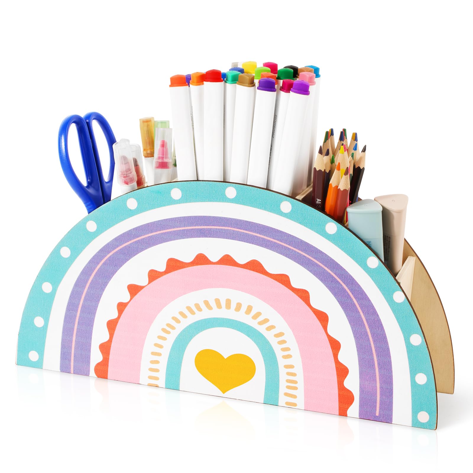 Organizador De Escritorio Arcoíris De Madera - Soporte Con 5 Compartimentos Para Lápices, Maquillaje O Pequeños Objetos - 29.8 X 12.7 Cm
