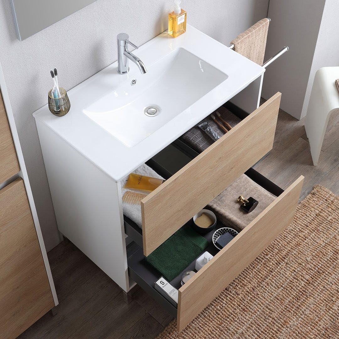 Kiamami Valentina - Mobile Bagno A Terra Da 80Cm Bianco Con Lavabo E Cassetti Rovere | Laguna