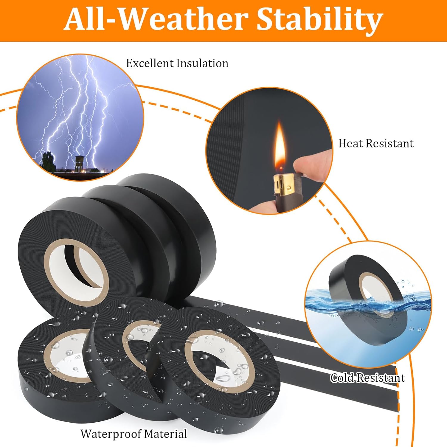 6 Pack Black Electrical Tape, 66 Ft Waterproof Electric Tape Black High Temperature for Repairs, Adhesive, Insulating Electrical Tape for Home Outdoor, Electrical Tools and Accessories