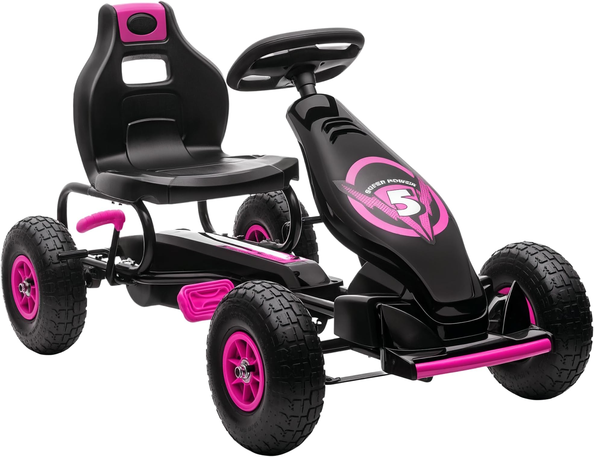 HOMCOM Children Pedal Go Kart, Raving Go Kart with Adjustable Seat, Inflatable Tyres, Shock Aborb, Handbrake, for Ages 5-12 Years - Pink